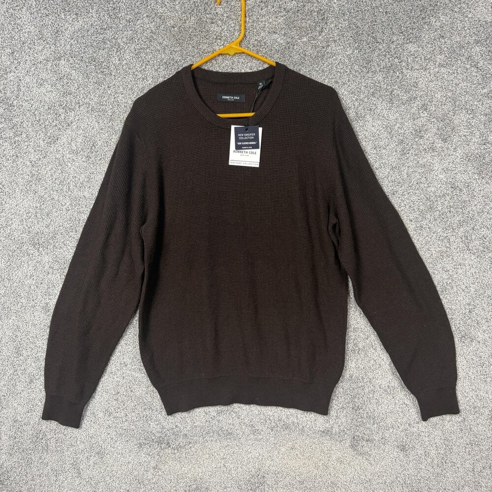 Kenneth Cole Sweater Mens XL Brown Waffle Knit Thermal Crew Neck Classic Cozy